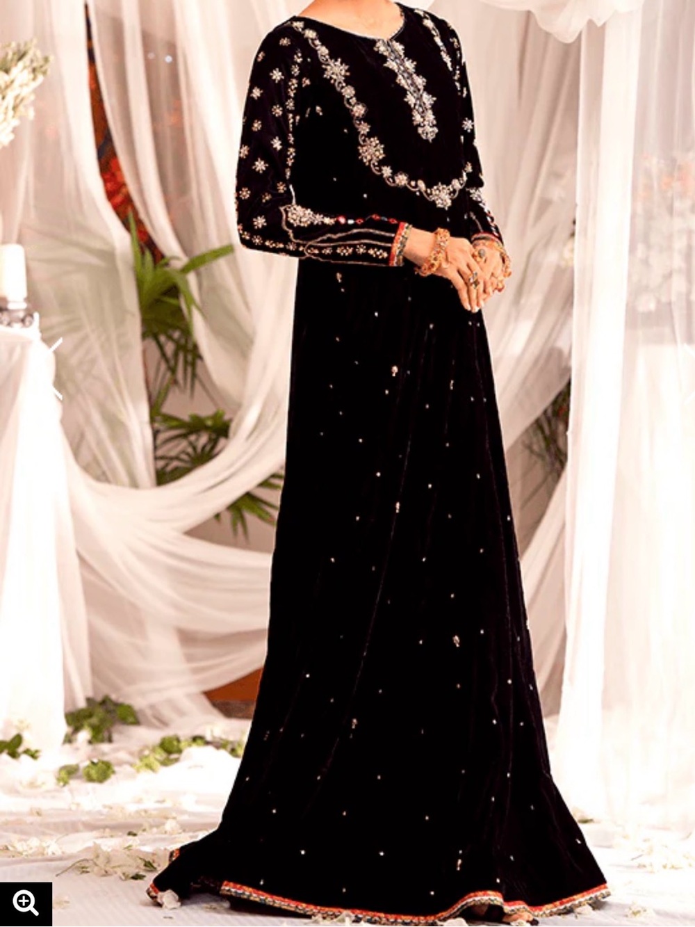 Brand New! Elegant Black Embroidered Velvet Women's Dress